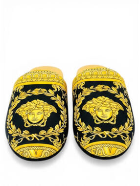 Versace Medusa Baroque Black Gold Satin Slippers EU 41 US 8 Men | NWT
